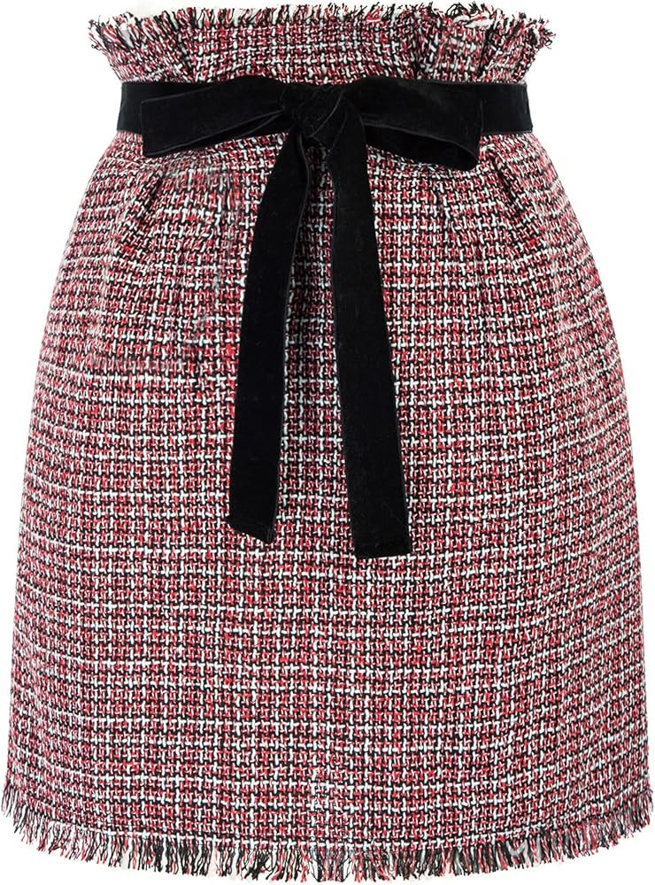 GRACE KARIN Women's Tie Waist Tweed Skirt Plaid Mini Skirt Above Knee Length Tassel Hem with Pock... | Amazon (US)