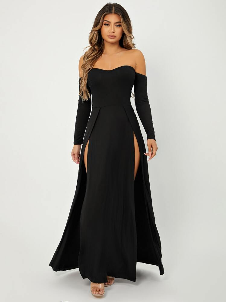 SHEIN SXY Prom Dress;Off Shoulder High Split Dress | SHEIN
