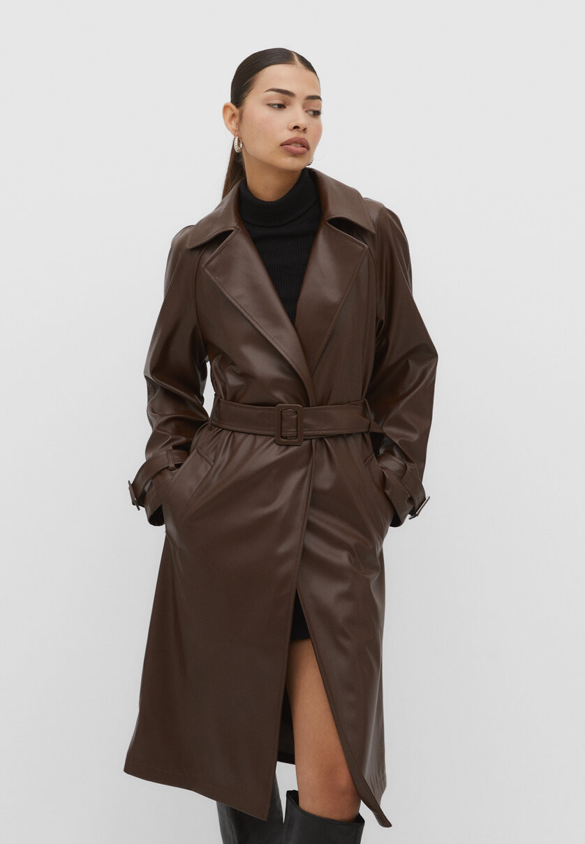 Long faux leather trench coat | Stradivarius (UK)