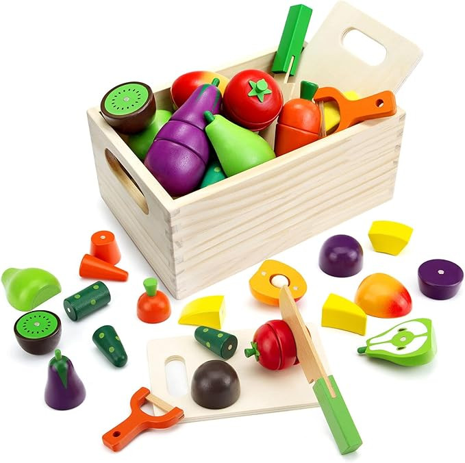 Wooden Play Food Sets for Kids Kitchen Fake Food Cutting Fruit and Vegetables Pretend Play Toddle... | Amazon (US)
