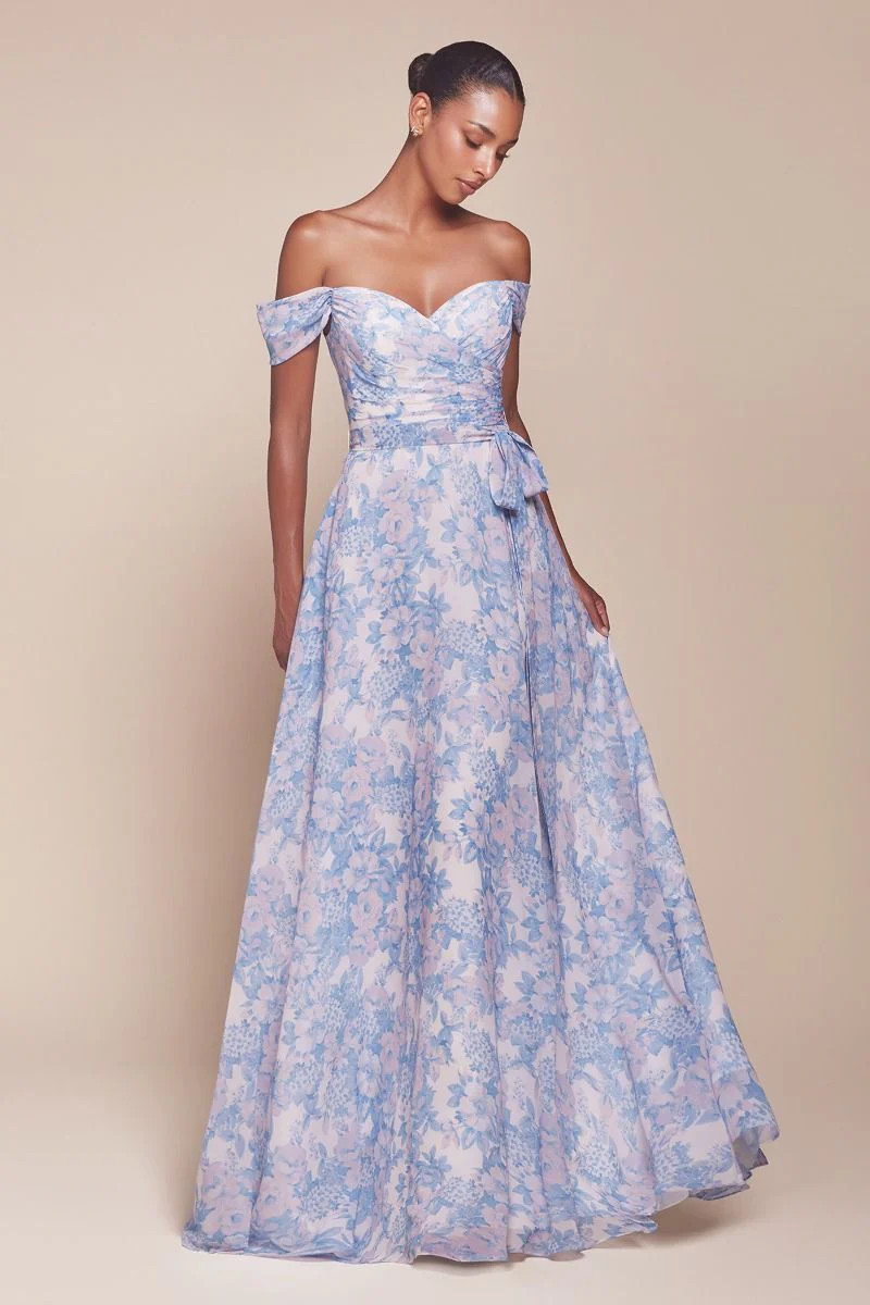 TILDA GOWN - BLUE - OFF THE SHOULDER FLORAL PRINTED A-LINE DRESS | Lady Black Tie