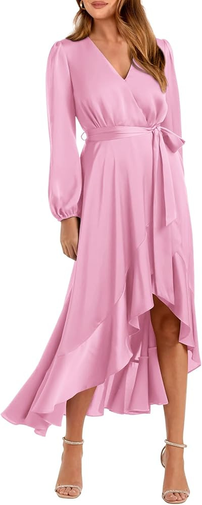 PRETTYGARDEN Women's Spring Dresses Casual Long Sleeve Wrap V Neck Maxi Dress Ruffle High Low Wed... | Amazon (US)