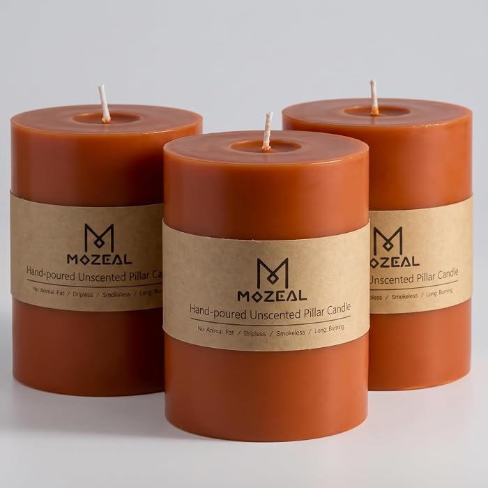 MOZEAL 3" x 4" Hand-Poured Unscented Candle, Dripless Pillar Candle Set of 3, Long Clean Burning, Approx 72 Hours Burn Time, Rustic Country Style, Wedding, Autumn, Home Decor, Burnt Orange | Amazon (US)