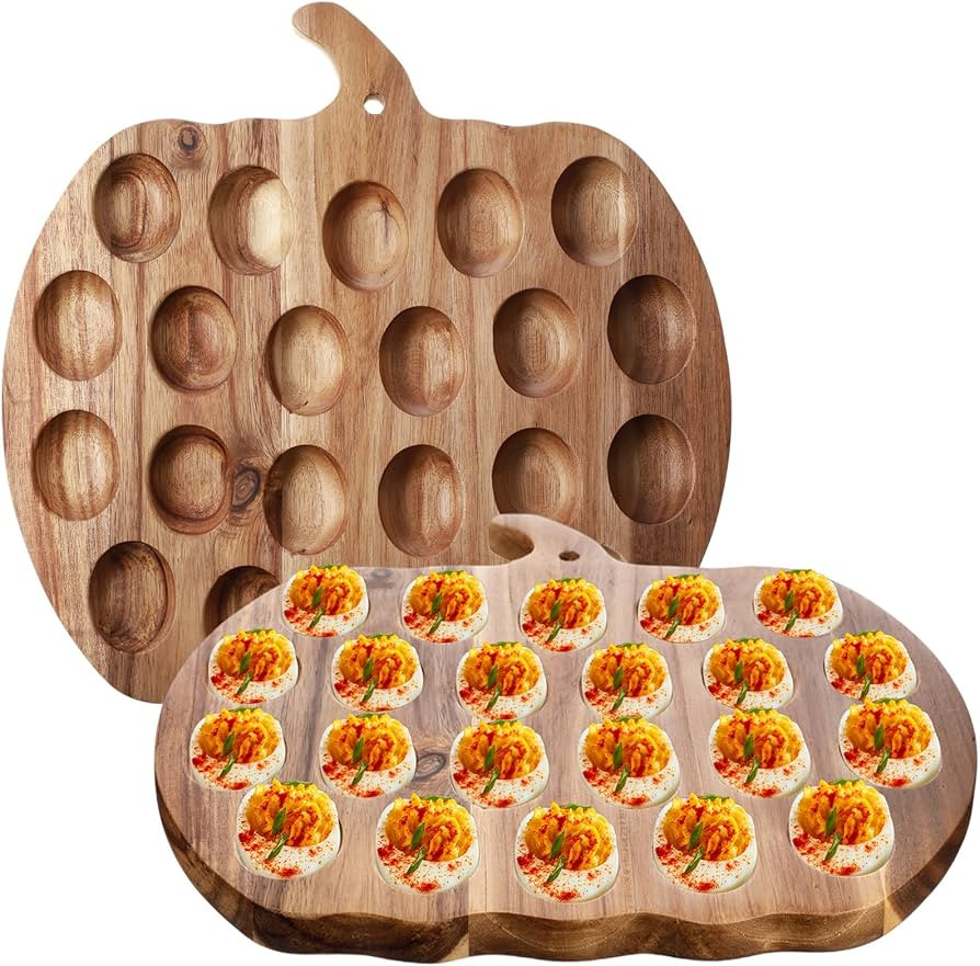 2 Pcs Wooden Deviled Egg Platter 22 Holes Deviled Egg Tray Container Holder Carrier for Counterto... | Amazon (US)