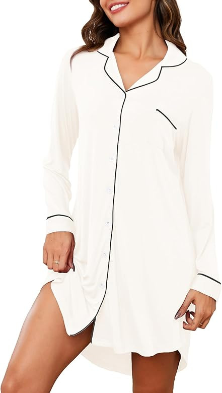 Women's Nightgown Short Sleeve Pajama Dress Soft Button Down Sleep Shirts Comfy Boyfriend Nightdr... | Amazon (US)