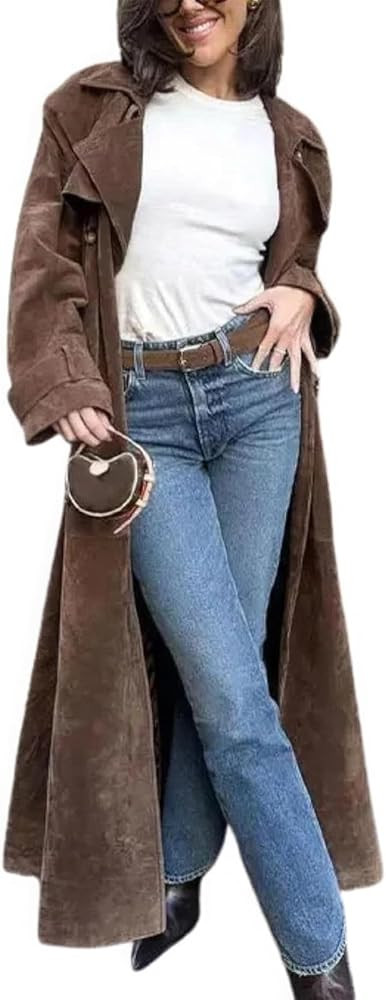ebossy Women's Fashion Faux Suede Open Front Long Trench Coat Notched Lapel Double Breasted Maxi ... | Amazon (US)