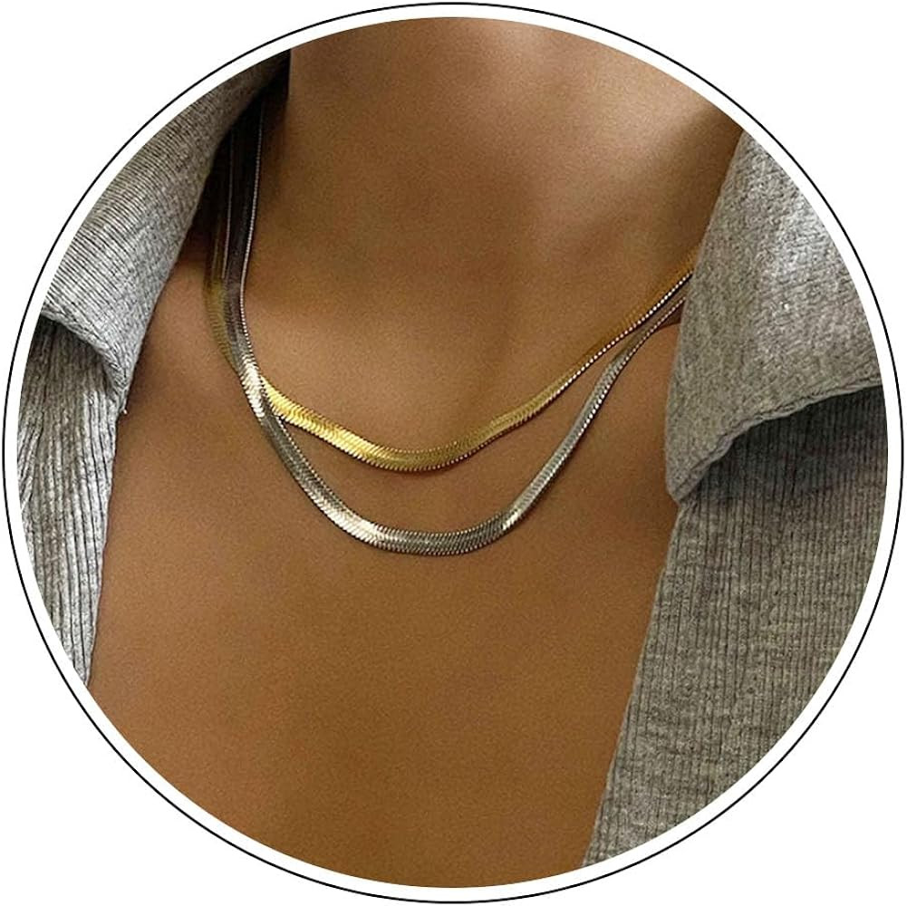 Gold Choker Necklace Dainty Cuban Link Necklace Simple Flat Snake Chain Necklace Layered Herringb... | Amazon (US)