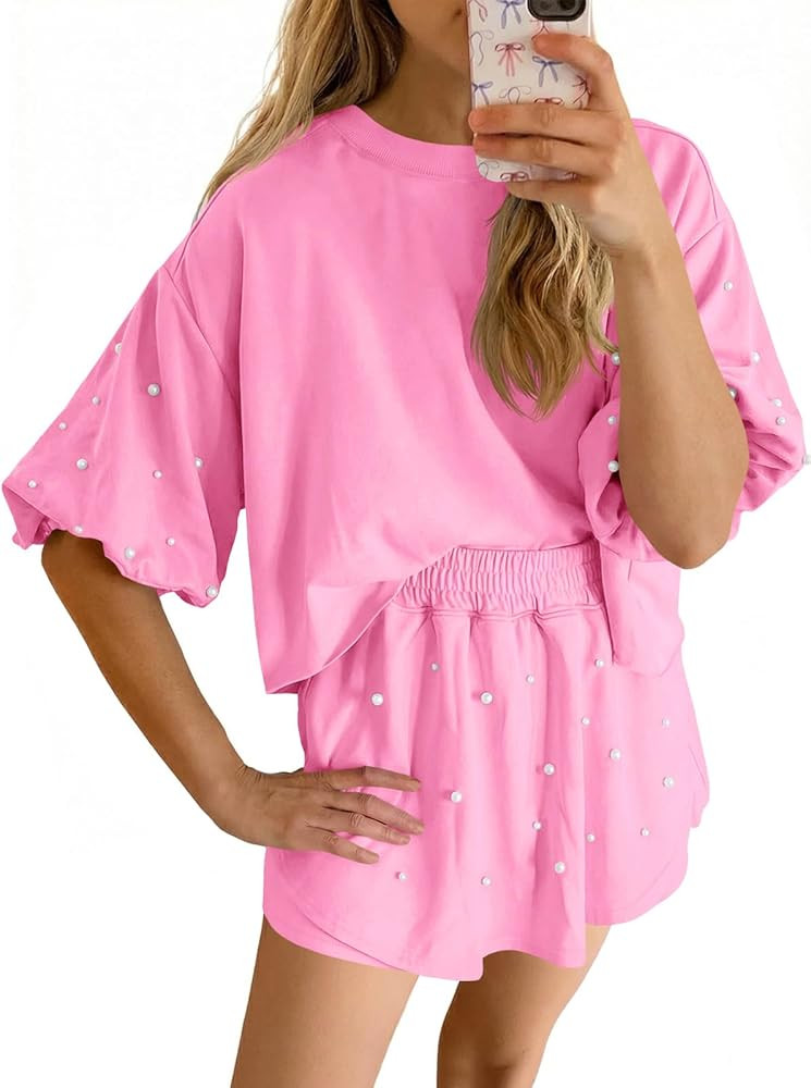 Fisoew Womens Summer Lounge Shorts Sets 2 Piece Outfits Decor Pearl Short Puff Sleeve Sweatshirt ... | Amazon (US)