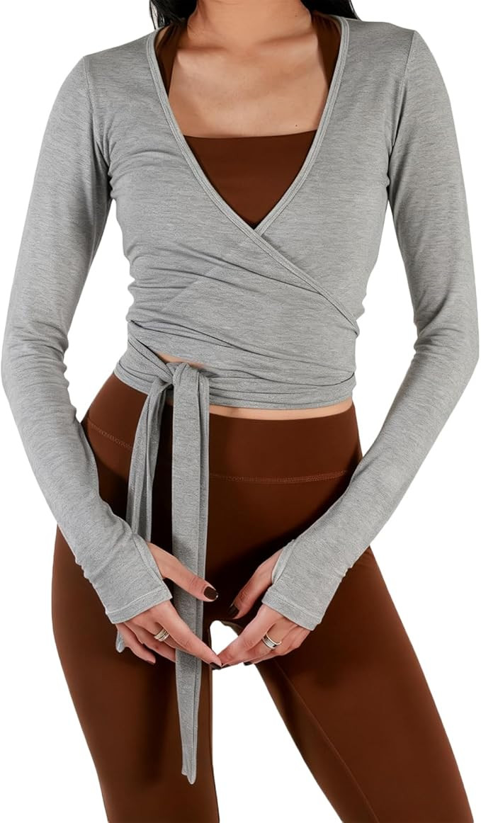 Women's Ballet Wrap Tops V Neck Long Sleeve Self Tie Slim Fit Workout Pilates Yoga Tops Dance Shi... | Amazon (US)