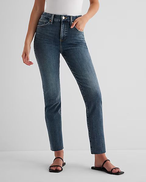 High Waisted Dark Wash Raw Hem Flexx Straight Ankle Jeans | Express