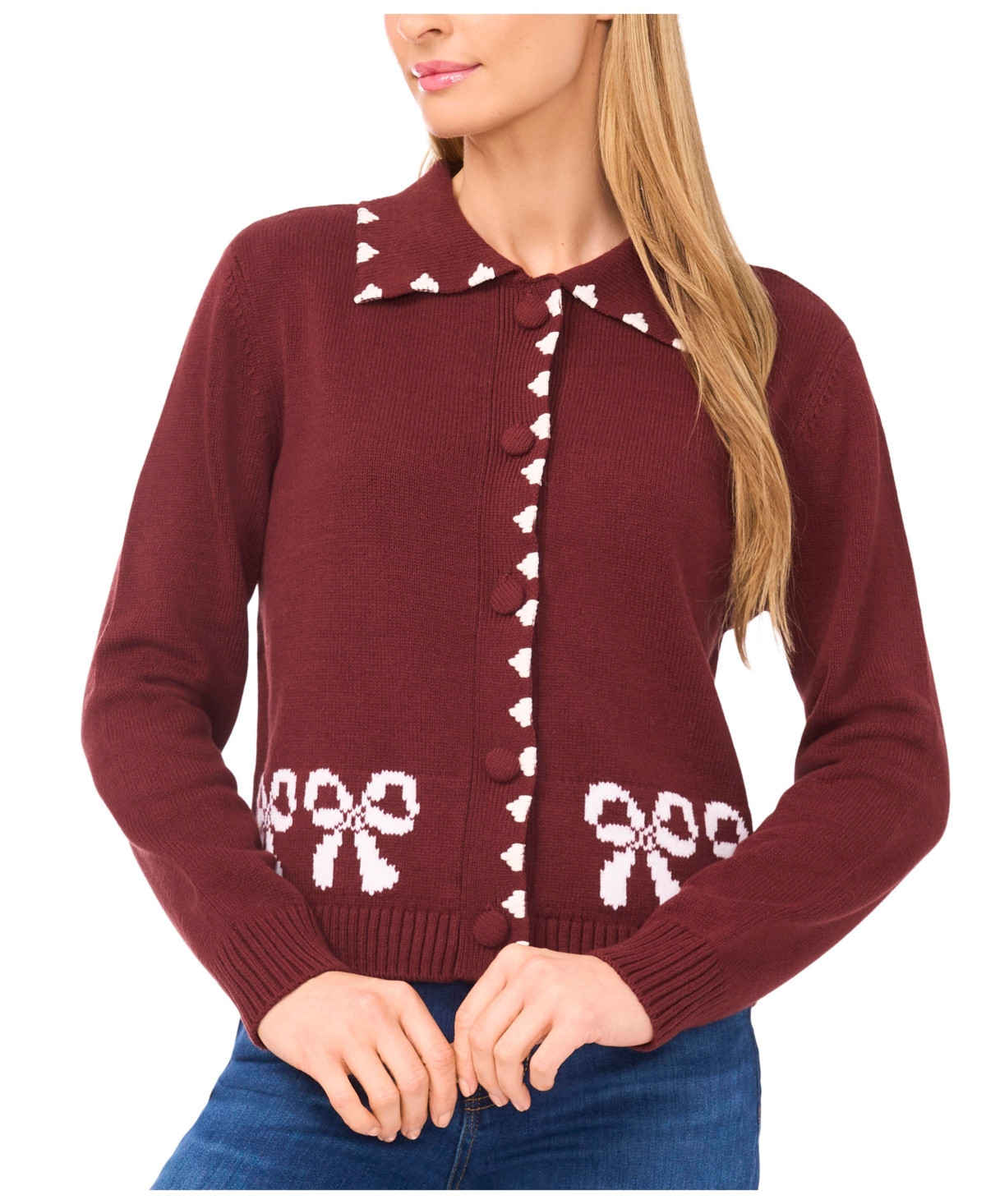 CeCe Women's Ribbon Jacquard Collared Cardigan Sweater - Deep Maroon | Macy's