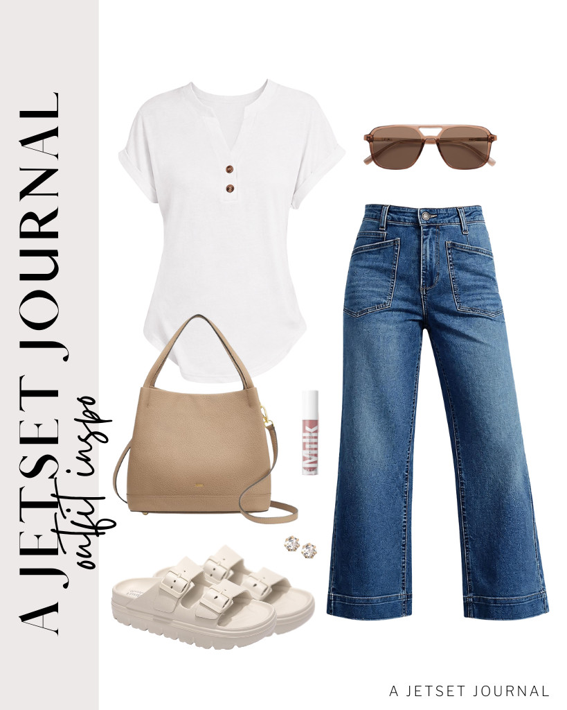 Simplify your packing and travel prep with a few basic, highly functional pieces. This white Henley top and Cicy Bell wide-leg jeans combination is a comfy outfit for your trips. Finish the look with casual FUNKYMONKEY slides, a genuine leather handbag, and classic aviator SOJOS sunglasses.

#LTKSeasonal #LTKSaleAlert #LTKTravel
 

 