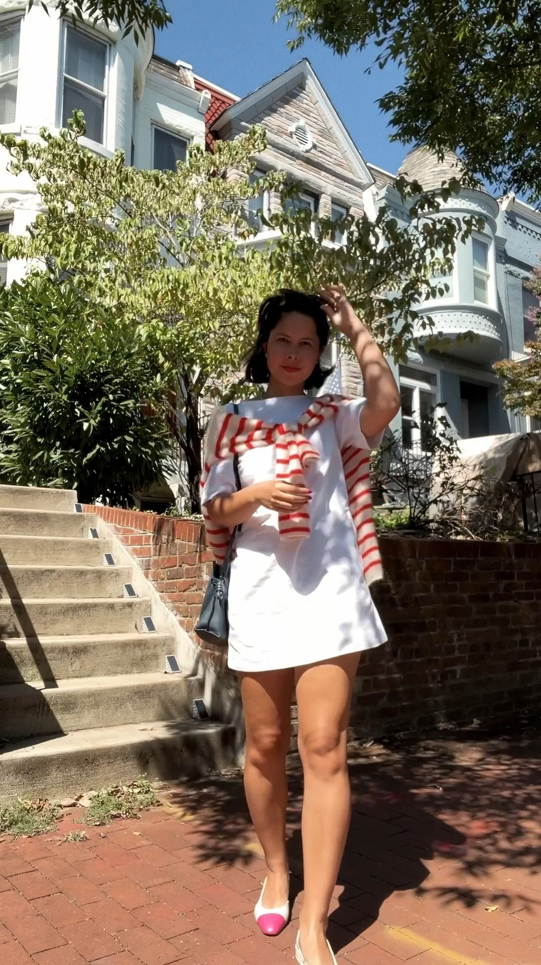 Wearing XXS petite in the dress 

Transition summer to fall outfit, transitional, white dress, t shirt dress, cardigan, red and white cardigan, stripes, Loewe, Sezane, Chanel flats, Abercrombie dress, petite 

#LTKVideo #LTKFindsUnder100 #LTKStyleTip