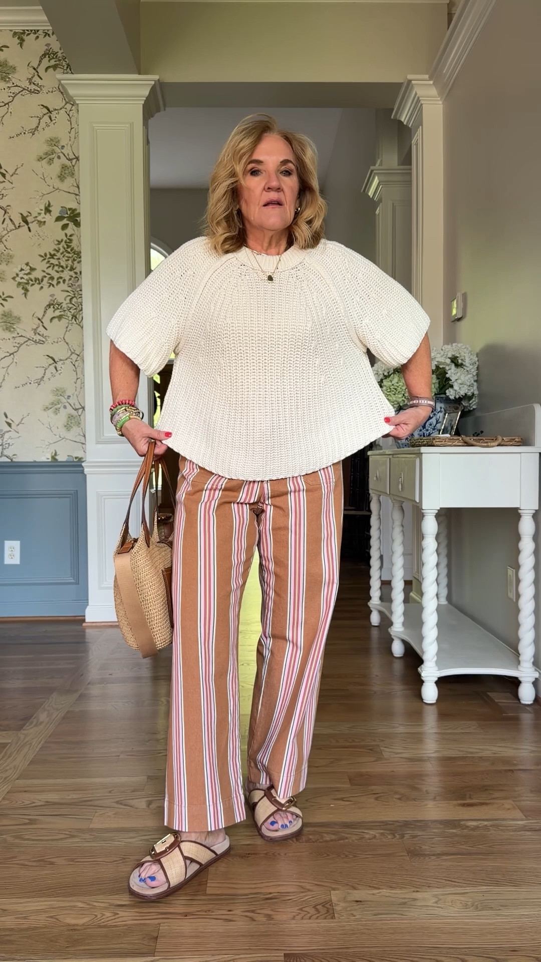 Sweater size medium comes in 3 colors Linen blazer size medium 
Tshirt size small 
Oxford size small 
Striped jeans I sized up to a 30 reg for a very relaxed look. 15% off 
Pants are soldout but I’ve linked a few options  

10% off my Eric javits bag code NANETTE 
20% off my bracelets code NANETTE20

#LTKSaleAlert #LTKootd #LTKOver40