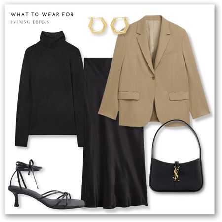 A chic black & beige evening look 

Beige arket blazer, black satin midi skirt, black roll neck knit, heeled sandals, Saint Laurent evening black bag, gold hoops 

#LTKSeasonal #LTKstyletip #LTKeurope