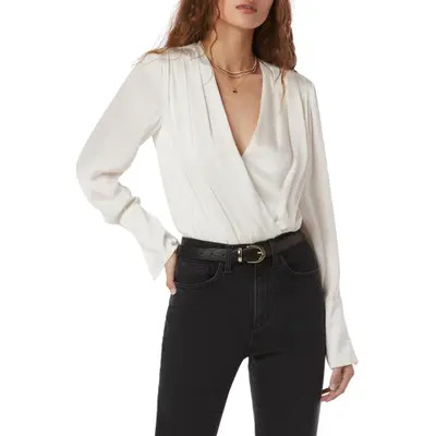 Favorite Daughter Surplice Long Sleeve Satin Bodysuit in Black at Nordstrom, Size X-Large | Nordstrom