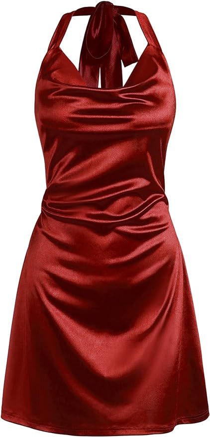 ZAFUL Women Halterneck Satin Mini Dress Sexy Cowl Neck Silky Party Cocktail Club Dress | Amazon (US)