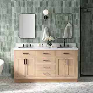 Hepburn 66 in. W x 22 in. D x 36 in. H Double Freestanding Bath Vanity in Oak with Pure White Qua... | The Home Depot