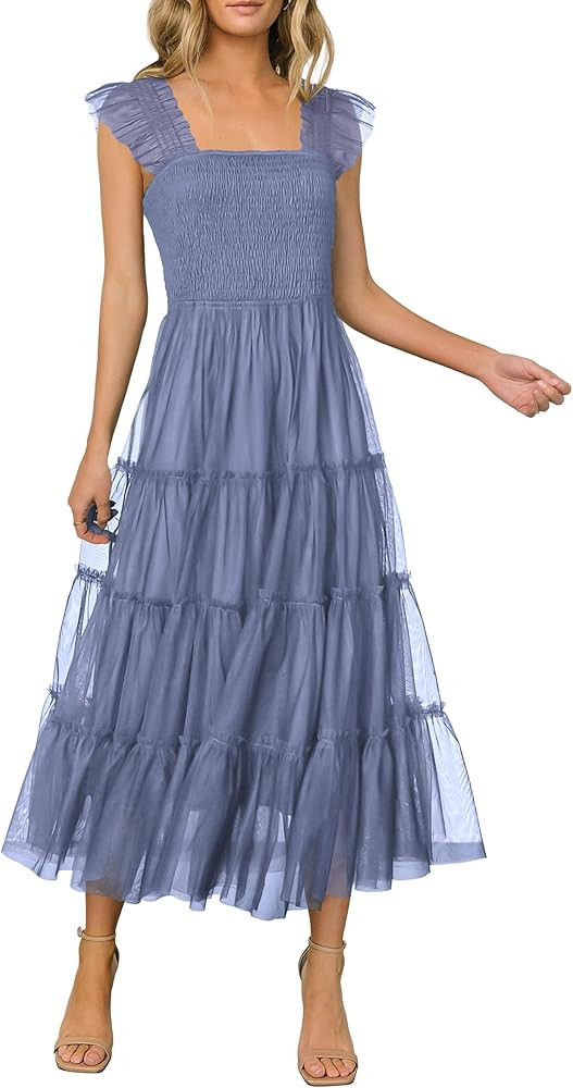 PRETTYGARDEN Womens 2024 Summer Casual Sleeveless Smocked Ruffle Tulle Flowy Beach Sundress | Amazon (US)