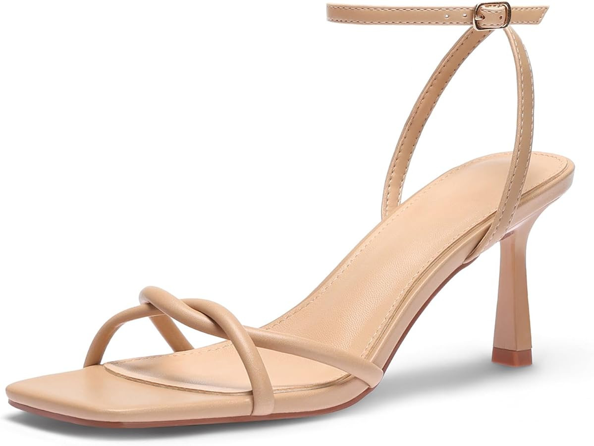 Amazon.com | Oilyong Womens Sandals Strappy Kitten Heels for Women Square Open Toe Strappy Heels ... | Amazon (US)