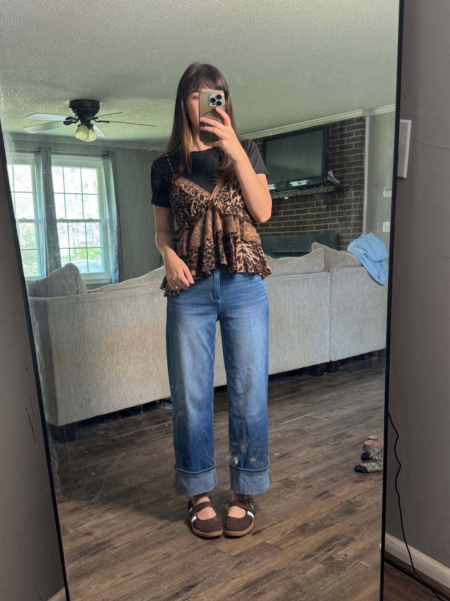 Sahm ootd to actually get out of the house today! Super comfy outfit with stretchy jeans but adding something cute with this cheetah print babydoll top! Layered over this black tee for a touch of modesty! 

#LTKgrwm #LTKootd