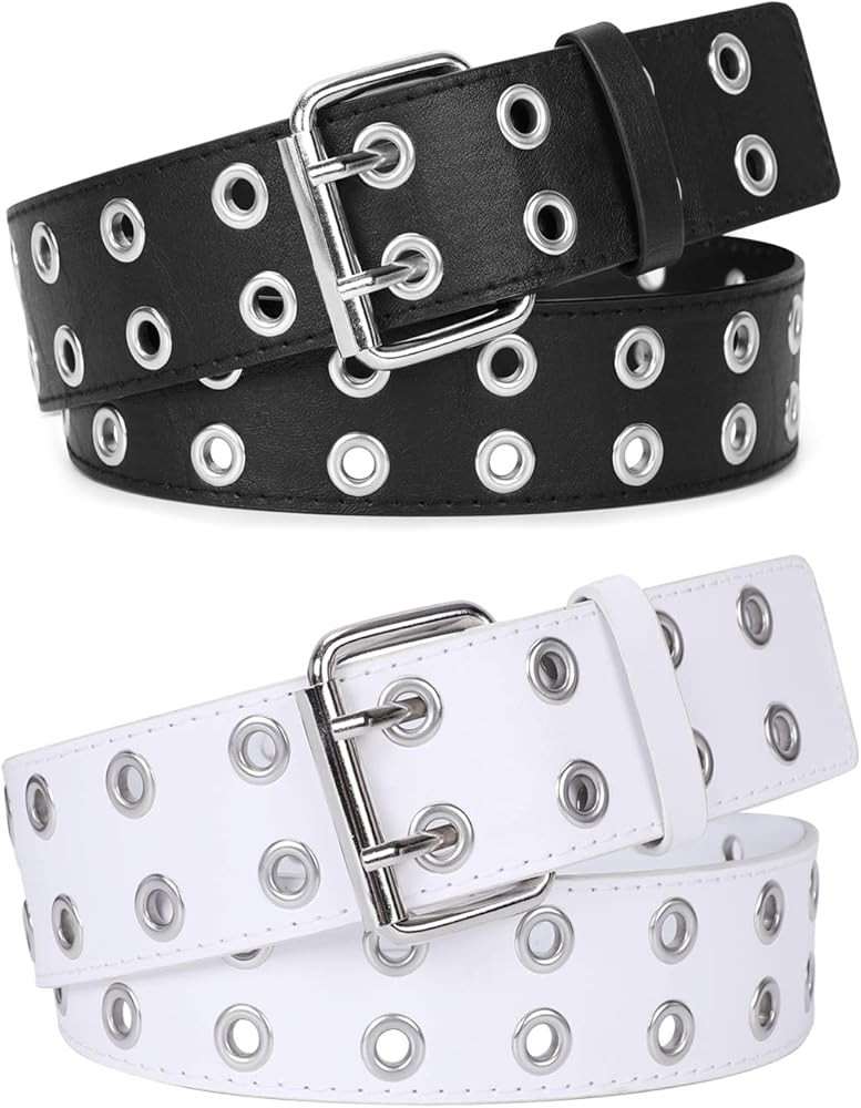 WERFORU Double Grommet Belt PU Leather Punk Belt for Women Ladies Belt for Jeans | Amazon (US)