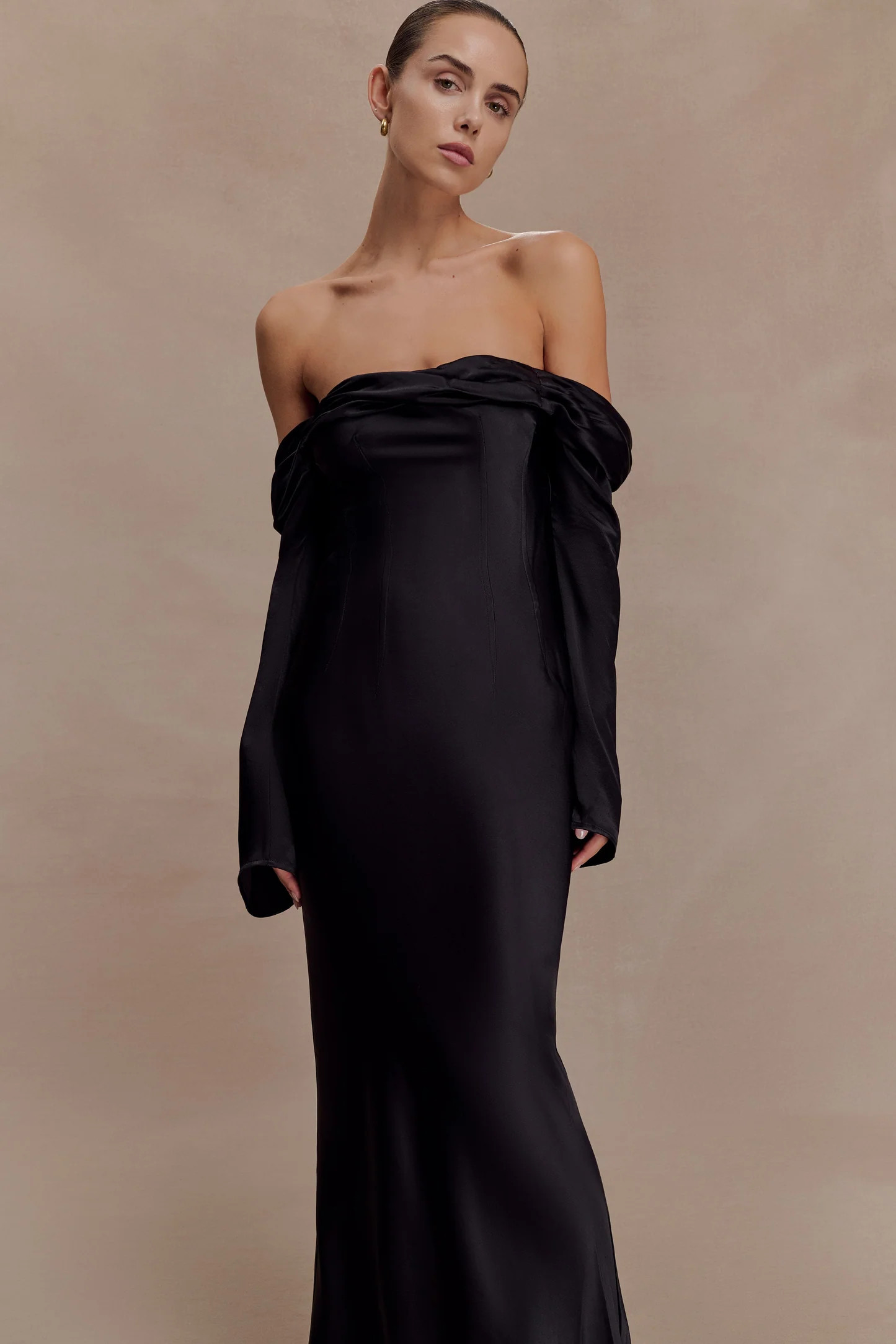 Off Shoulder Cowl Neck Maxi Dress - Black | MESHKI US