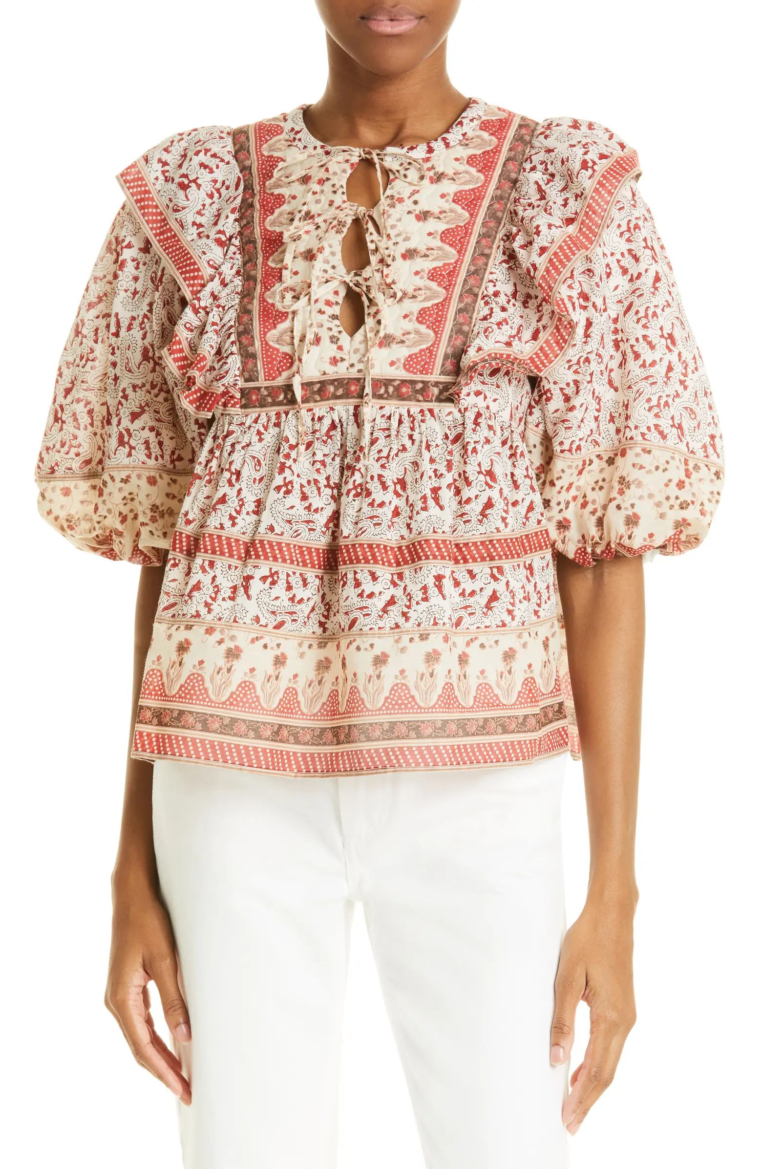 Sea Ivette Mix Print Ruffle Cotton Blouse | Nordstrom | Nordstrom