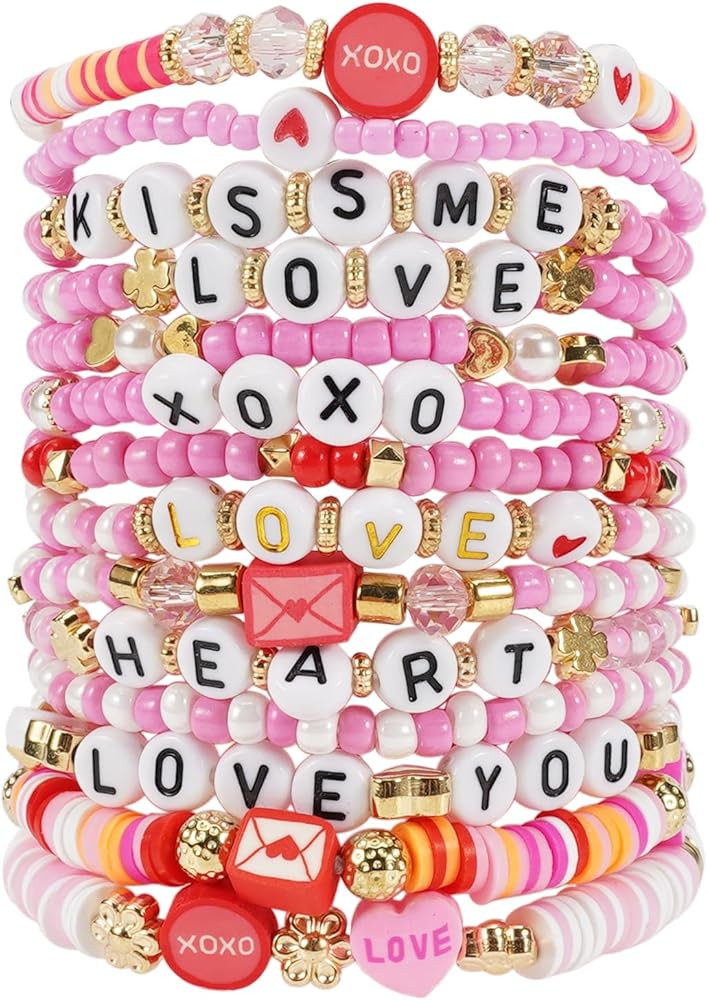 Twinfree Valentine's Day Bracelets Heishi Stackable Beaded XOXO Love Heart Kiss Charm Stretch Bra... | Amazon (US)