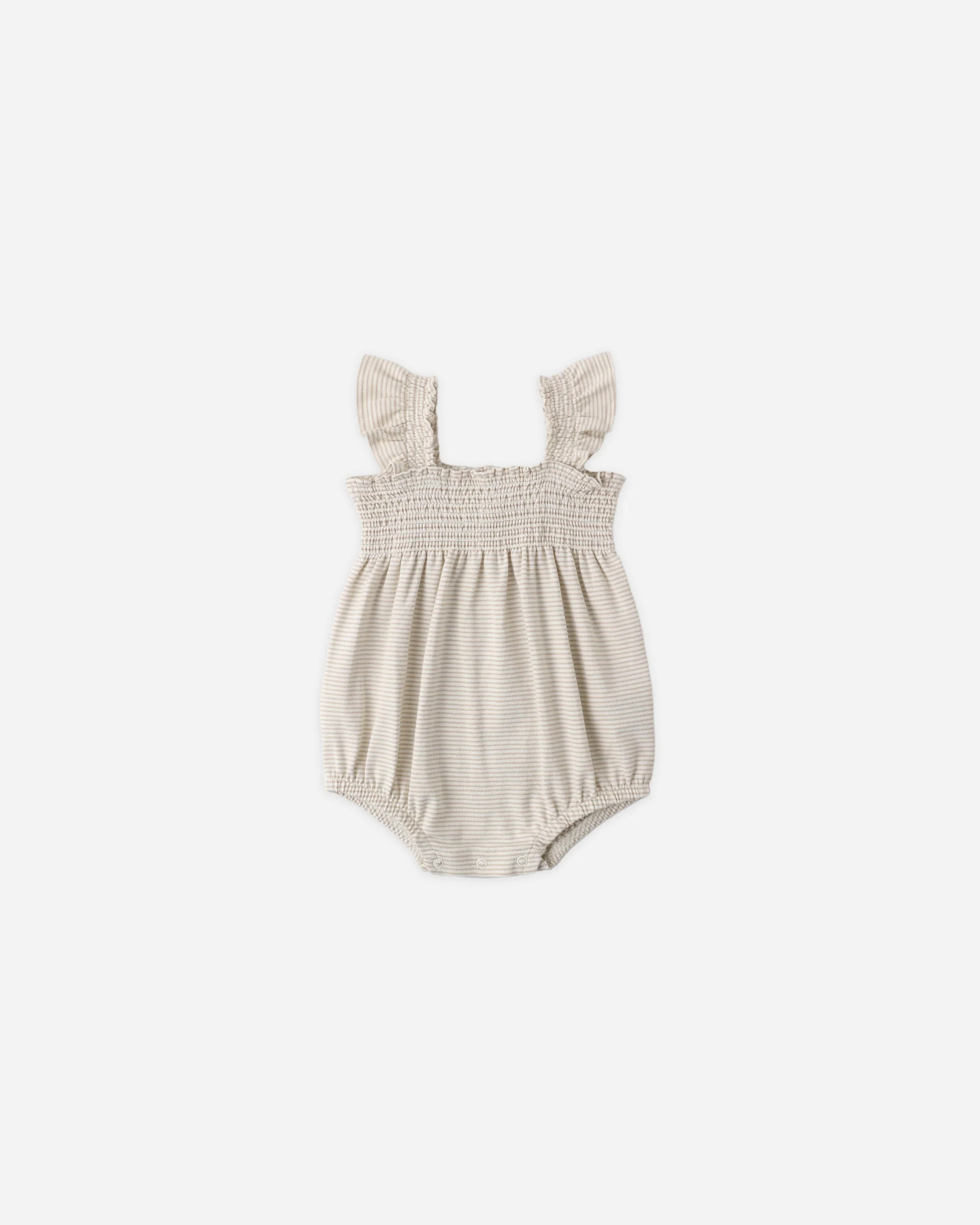 Smocked Ruffle Sleeve Romper Oat Micro Stripe | Rylee + Cru