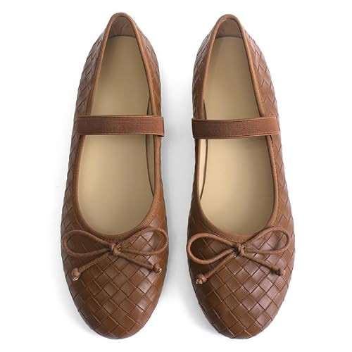 LUXMUWA Womens Brown Woven Ballet Flats with Bow Round Toe Slip on Mary Jane Flats Ladies Elastic Strap Ballerina Flat Size 8.5 | Amazon (US)