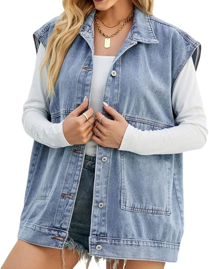 PAODIKUAI Women's Oversized Denim Vest Mid Long Jean Vest Sleeveless Jackets Distressed Vest Cott... | Amazon (US)