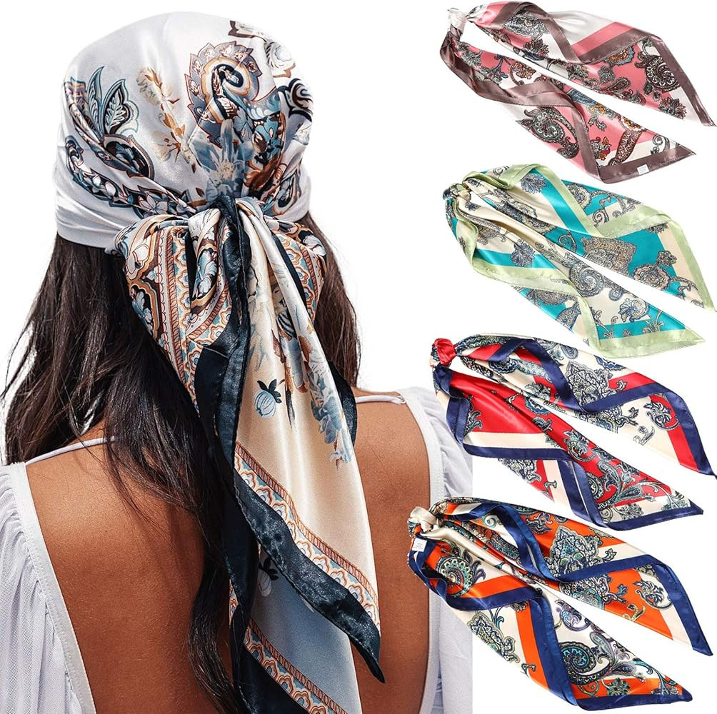 35” Satin Large Square Head Scarves - 4PCS Silk Like Neck Scarf Hair Sleeping Wraps Lightweight Sati | Amazon (US)