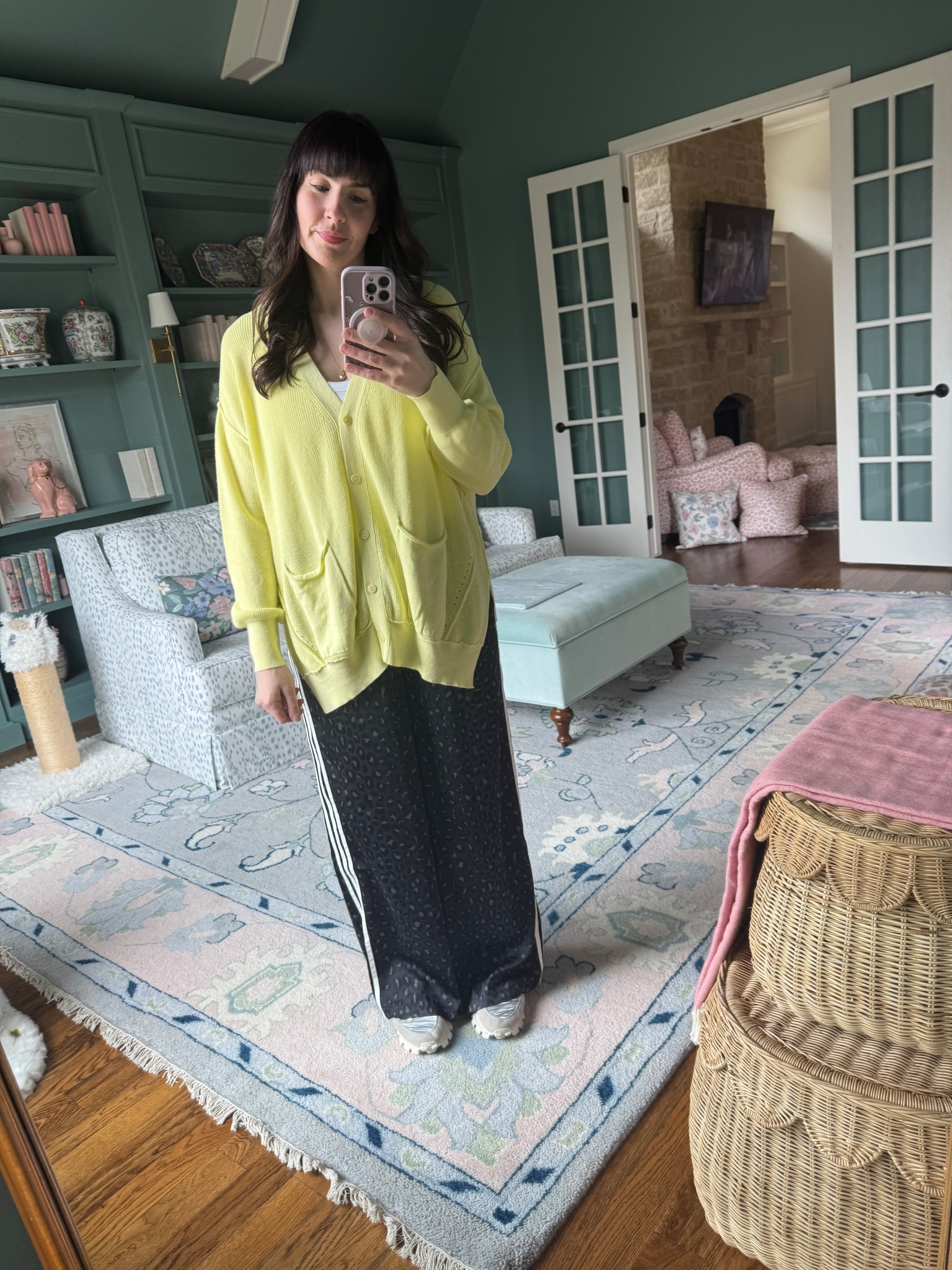 Acid yellow cardigan, leopard track pants 

#hocwinter 

#LTKSaleAlert