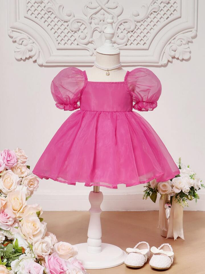 SHEIN Baby Puff Sleeve Mesh Overlay Dress | SHEIN