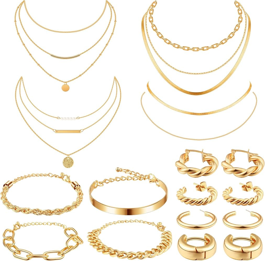 Tiamon 12 Pcs 90s Silver Gold Jewelry Set for Women Men 4 Earring Sets 4 Necklace 4 Bracelets for... | Amazon (US)