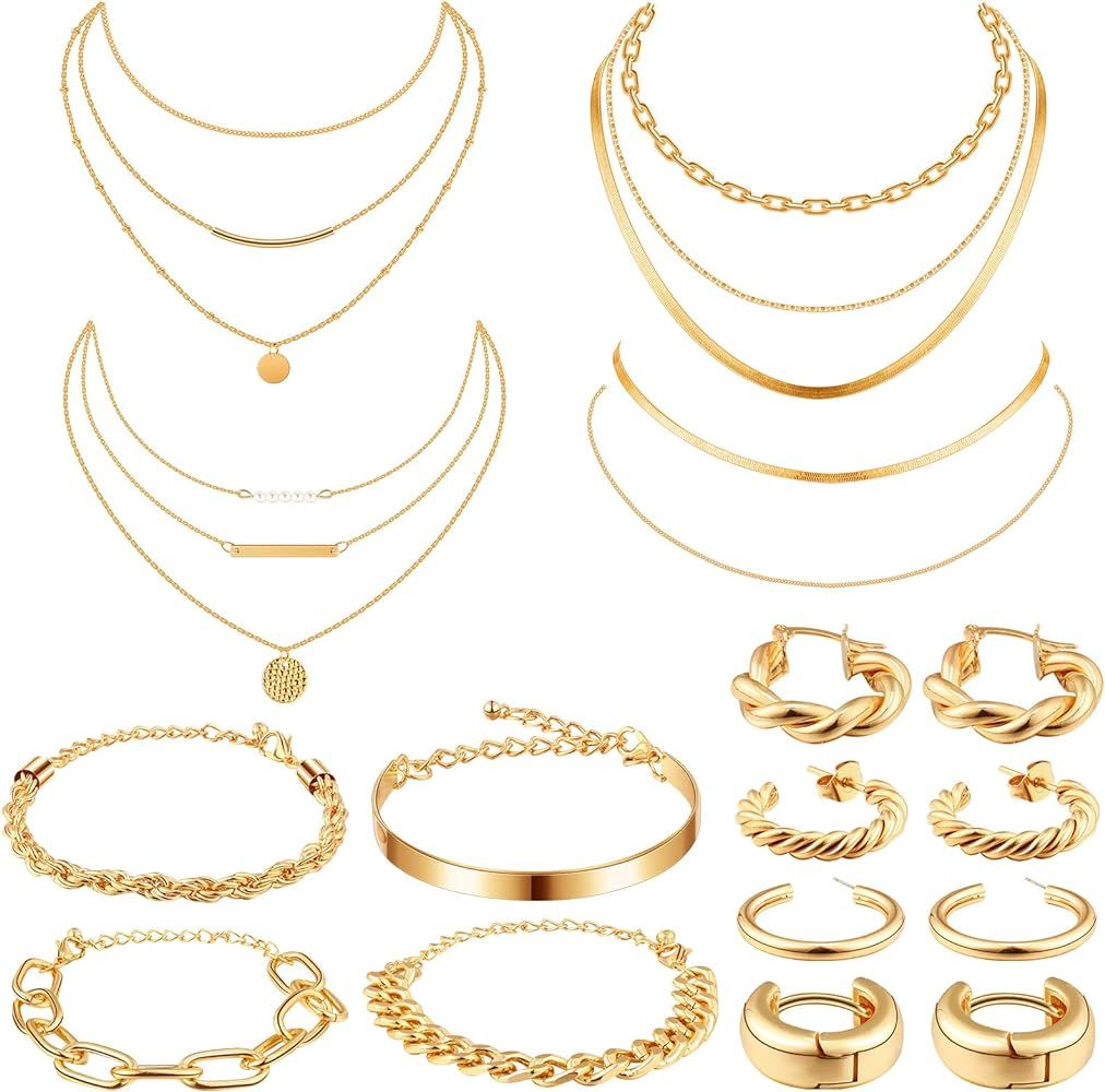 Tiamon 12 Pcs Gold Silver Jewelry Sets for Women Layered Set of Earring Necklace Bracelets for Te... | Amazon (US)