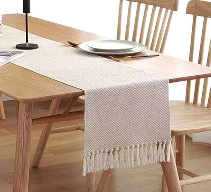 Aspthoyu Cotton Linen Fringe Table Runner, Geometric Handmade Woven Fabric Decorative Table Runne... | Amazon (UK)