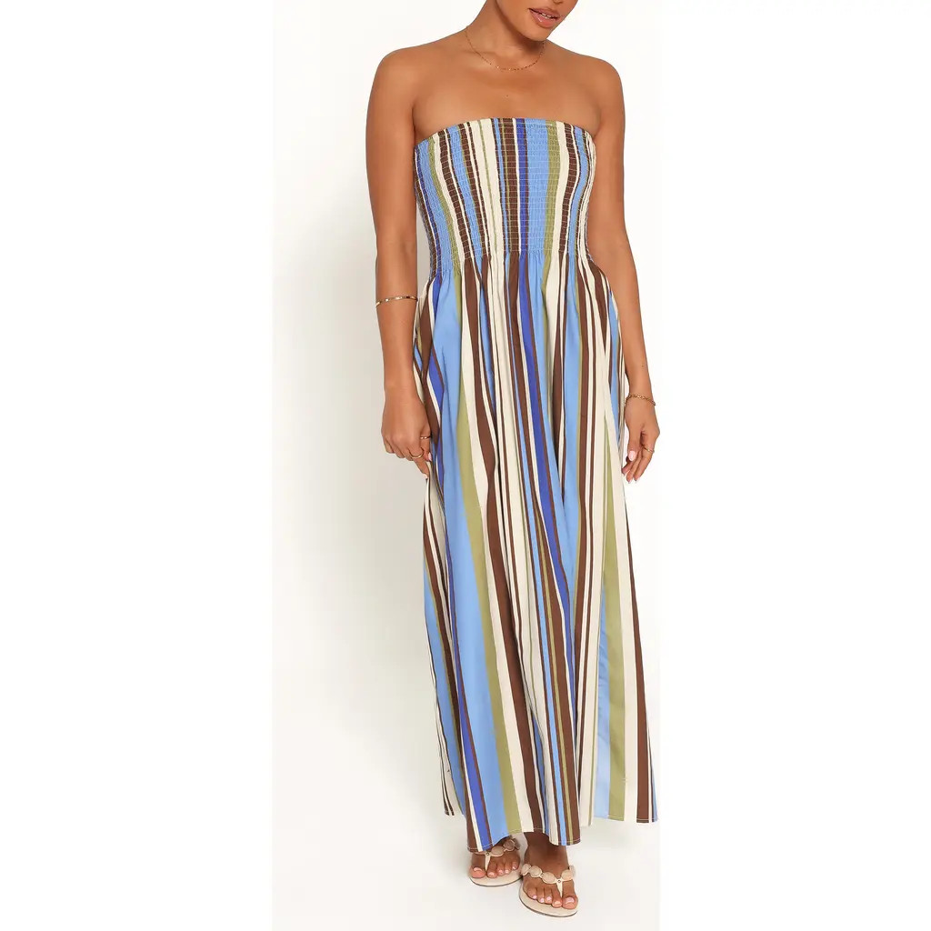 Petal & Pup Nella Strapless Maxi Dress in Blue/khaki Stripe at Nordstrom, Size Small | Nordstrom