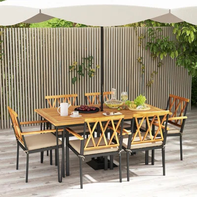 7 PCS Patio Dining Set w/ 2'' Umbrella Hole and Seat Cushions for Garden | Wayfair North America
