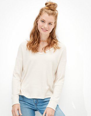 AE Soft & Sexy Plush Long-Sleeve V-Neck T-Shirt | American Eagle Outfitters (US & CA)