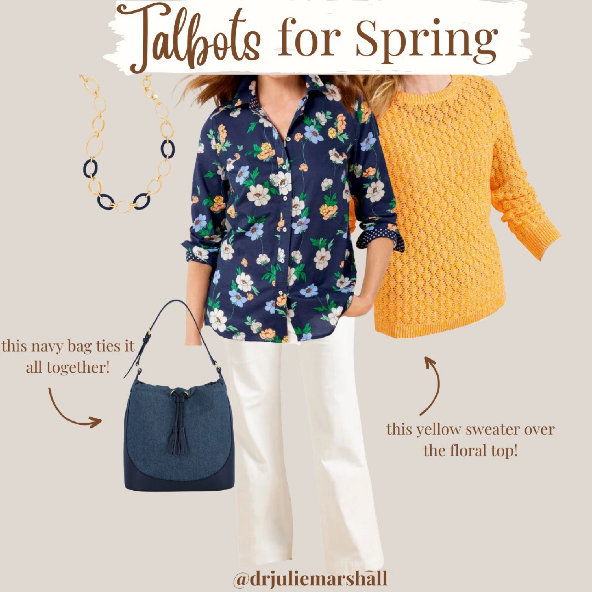 Talbots has some of the BEST finds for Spring! Check out this floral top paired with the yellow sweater for a great spring look! Talbots navy floral shirt (S)/Talbots yellow sweater (S)/Talbots white wide leg pants (6)/denim bag/navy chain link necklace #workwear
#springfashion #talbots

#LTKSeasonal #LTKstyletip #LTKFind