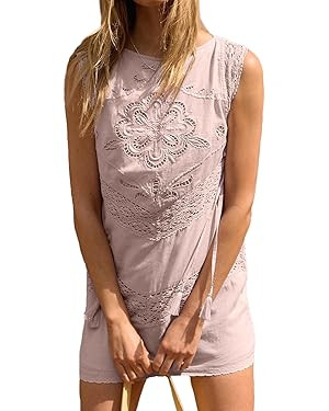 Vestido corto sin mangas con lazo lateral bordado Y2k estilo bohemio con corte hueco y ribete de ... | Amazon (US)