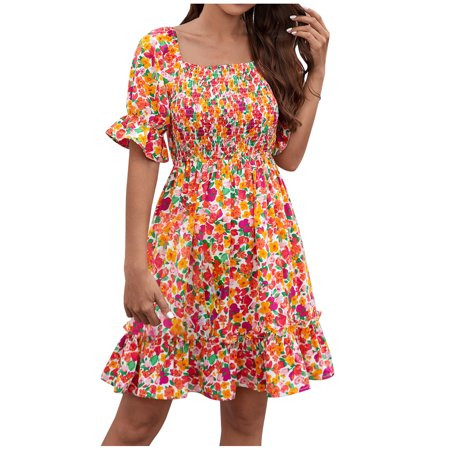 RYRJJ Summer Women s Square Neck Smocked Floral Dress Off Shoulder Puff Sleeve Ruffle Flowy Boho Min | Walmart (US)