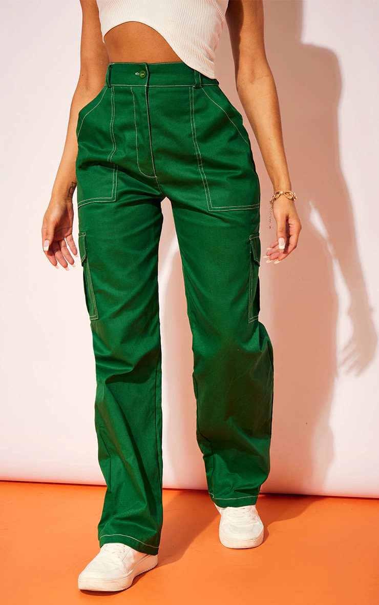 Bright Green Woven Contrast Seam Detail Cargo Pants | PrettyLittleThing US