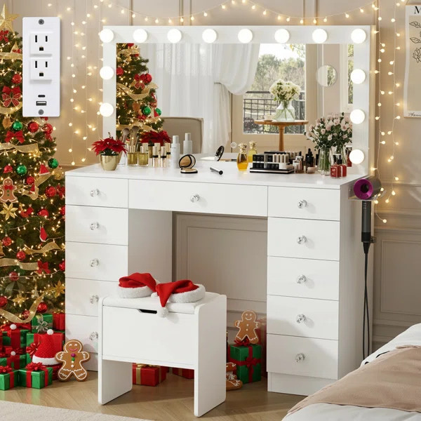 ​​Greyden Makeup Vanity Set with 11 Drawers and Outlets, Dresser with 10X Magnifying Mirror f... | Wayfair North America