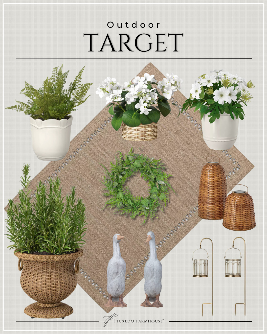 An outdoor space, thoughtfully layered, begins with texture and restraint. Natural fibers set the foundation here—a woven rug underfoot, complemented by rattan lanterns and baskets that introduce warmth without excess. Lush greenery, from structured potted herbs to softer, trailing arrangements, brings movement and life, while simple white vessels keep the palette composed and quietly refined. Subtle decorative accents—like sculptural garden figures and understated pathway lighting—add character without distraction. The overall effect is calm, inviting, and enduringly elegant—an outdoor setting designed to feel as considered as the interior beyond it. 

 #LTKSeasonal #LTKHome #LTKSaleAlert