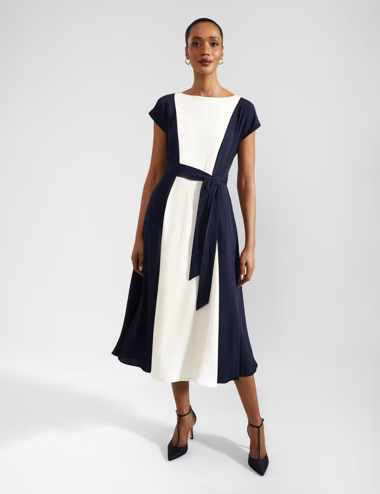 Colour Block Slash Neck Midi Waisted Dress | Marks & Spencer (UK)