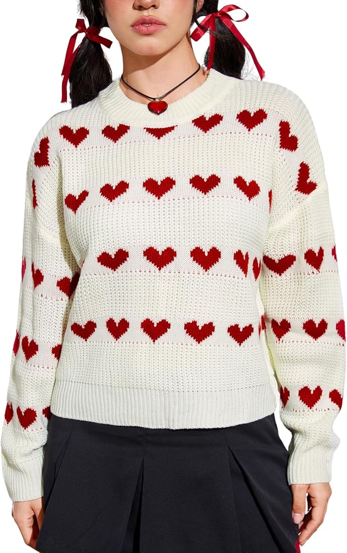 Verdusa Women's Heart Print Long Sleeve Round Neck Sweater Drop Shoulder Knit Pullovers | Amazon (US)