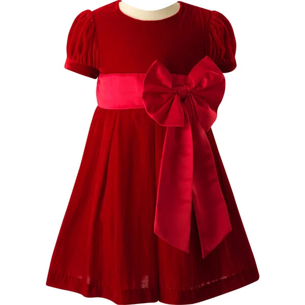 Crushed Velvet Bow Ribbon Tie Short Puff Sleeve Dress, Red | Maisonette